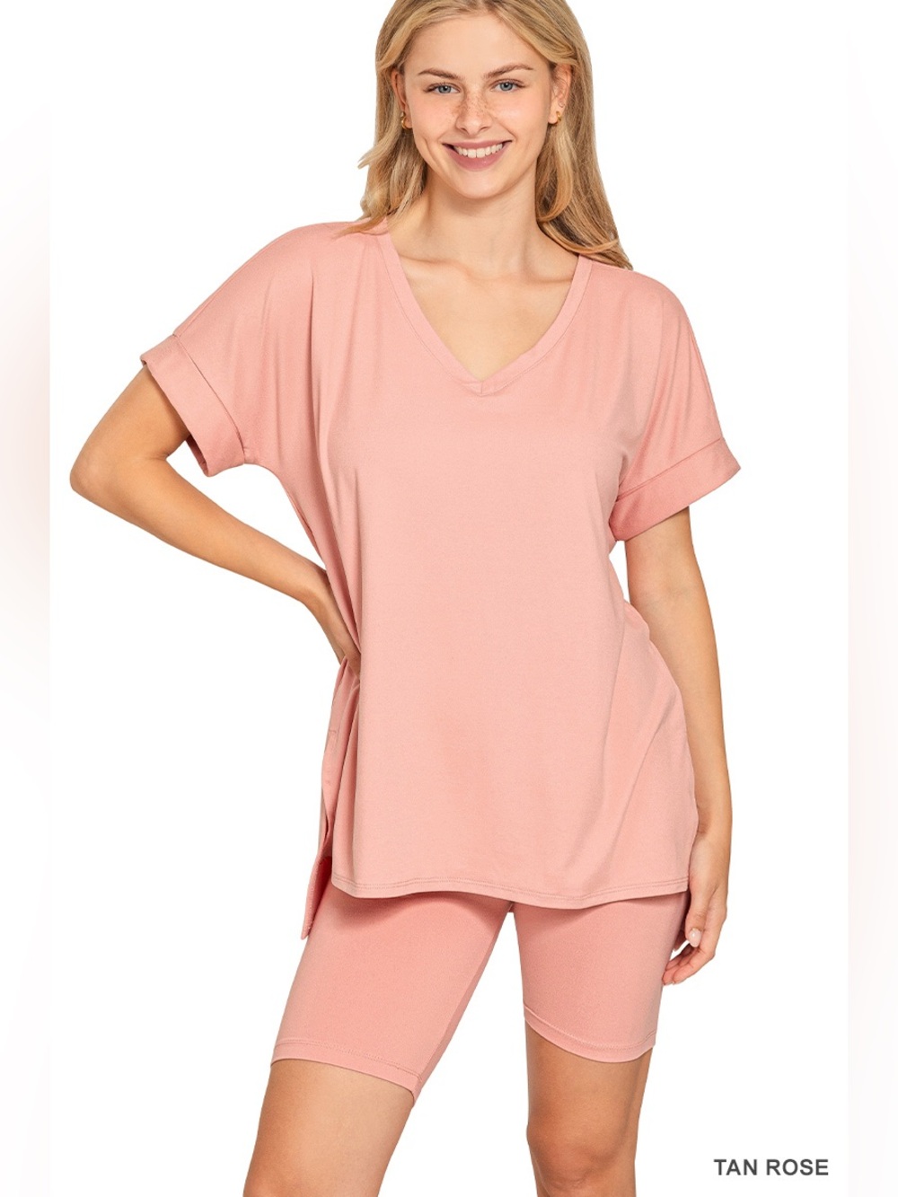 Zenana  BRUSHED DTY MICROFIBER V-NECK TOP & BIKER SHORT SET